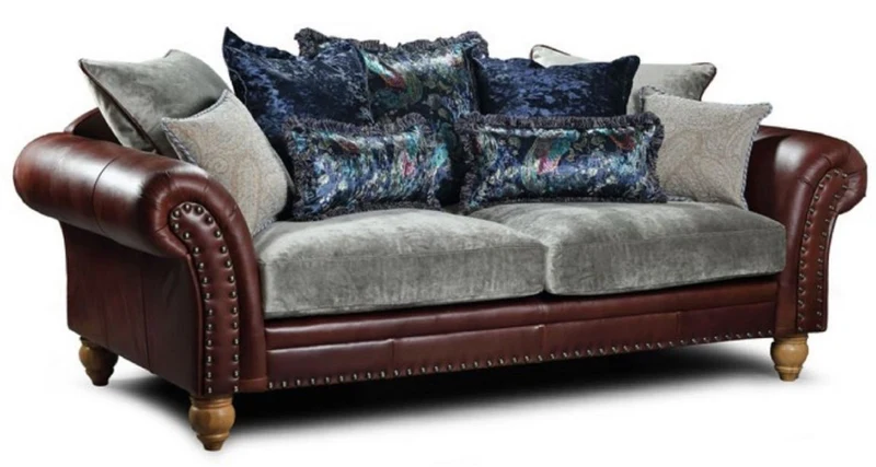 Casa Padrino Luxus Echtleder 4er Sofa Dunkelbraun / Grau / Hellbraun 274 x 105 x H. 100 cm - Wohnzimmer Leder Sofa - Echtleder Wohnzimmer Möbel