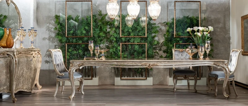 Casa Padrino Luxus Barock Esstisch Silber / Gold - Prunkvoller Massivholz Esszimmertisch im Barockstil - Barock Esszimmer Möbel