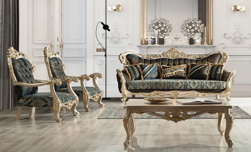 Casa Padrino Luxus Barock Wohnzimmer Set Dunkelblau / Türkis / Silber / Gold - 2 Barock Sofas mit Muster & 2 Barock Sessel mit Muster & 1 Barock Couchtisch - Barock Wohnzimmer Möbel