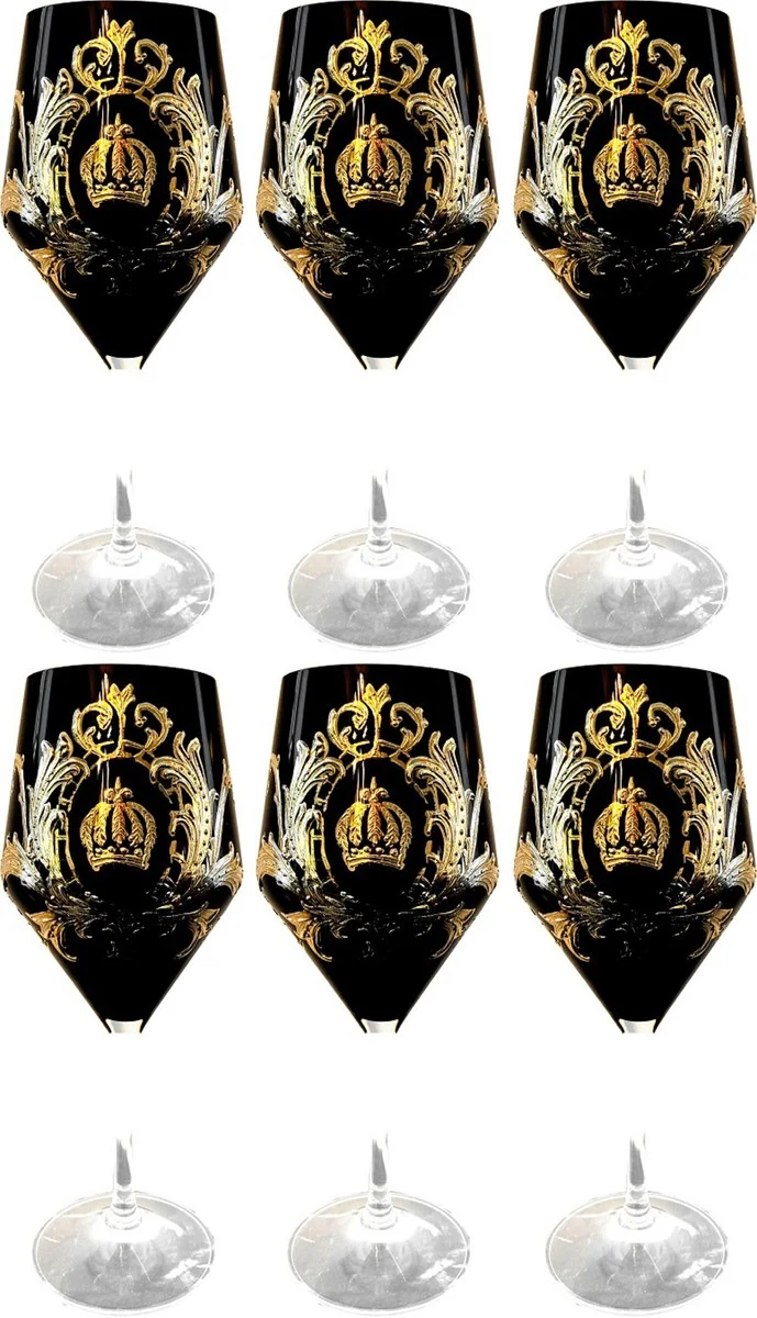 Pompöös by Casa Padrino Luxus Rotweinglas Set Schwarz / Gold Ø 8,7 x H. 20,3 cm - Weingläser mit 24 Karat Vergoldung - Pompööse Weingläser designed by Harald Glööckler