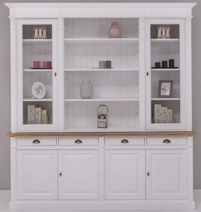 Casa Padrino Landhausstil Esszimmerschrank Weiß / Braun 223 x 51 x H. 240 cm - Massivholz Schrank - Küchenschrank - Landhausstil Esszimmer Möbel