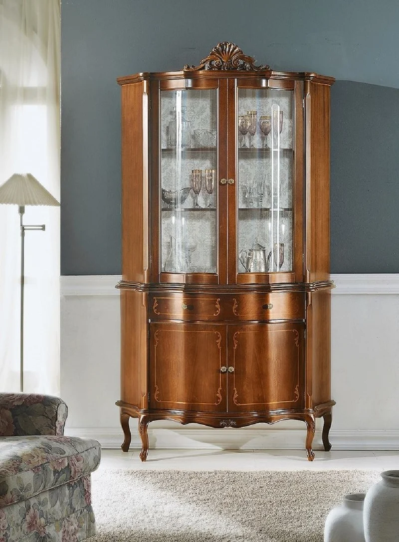 Casa Padrino Luxus Barock Vitrine Braun - Prunkvoller Barock Vitrinenschrank mit 4 Türen und Schublade - Barock Möbel - Luxus Qualität - Made in Italy