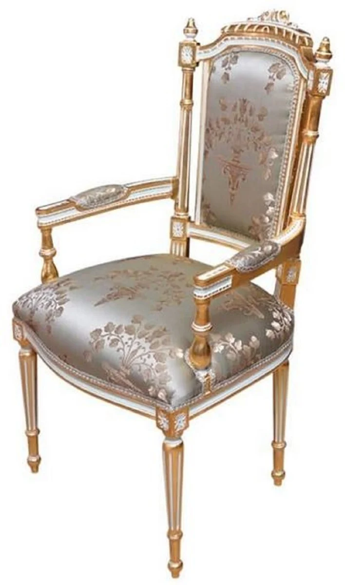 Casa Padrino Barock Esszimmerstuhl Silber / Weiß / Gold - Handgefertigter Antik Stil Stuhl mit Armlehnen - Esszimmer Möbel im Barockstil