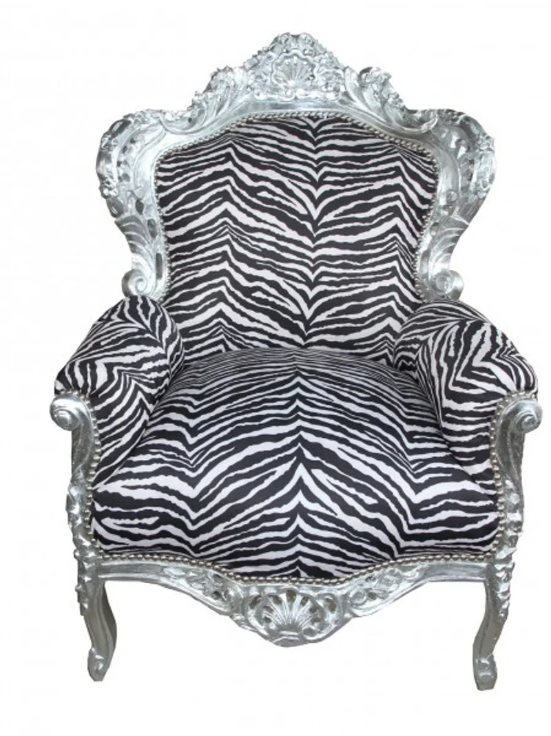 Casa Padrino Barock Sessel King im Zebra Design mit silbernem Rahmen, 120 x 85 x 85 cm