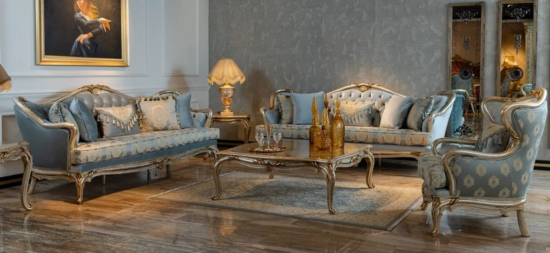 Casa Padrino Luxus Barock Ohrensessel Hellblau / Silber / Gold - Prunkvoller Wohnzimmer Sessel im Barockstil - Barock Möbel