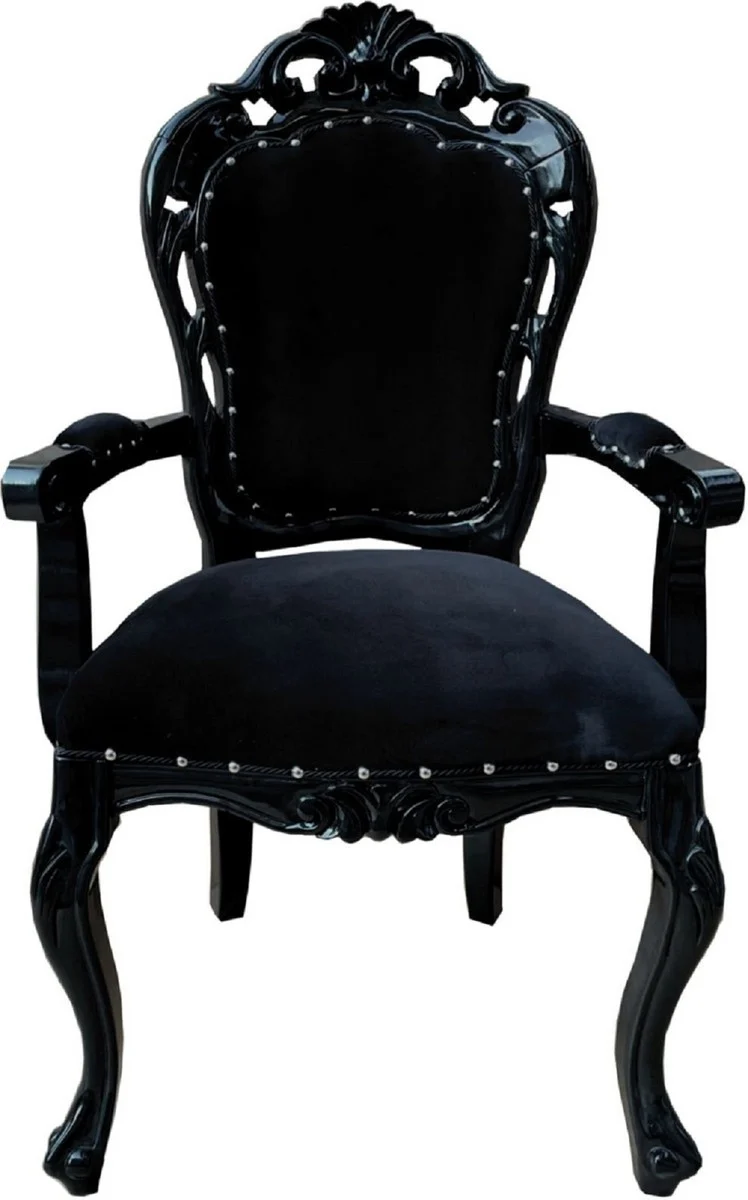 Casa Padrino Barock Esszimmerstuhl 6er Set Schwarz - Handgefertigte Antik Stil Stühle mit Armlehnen - Barock Esszimmer Möbel