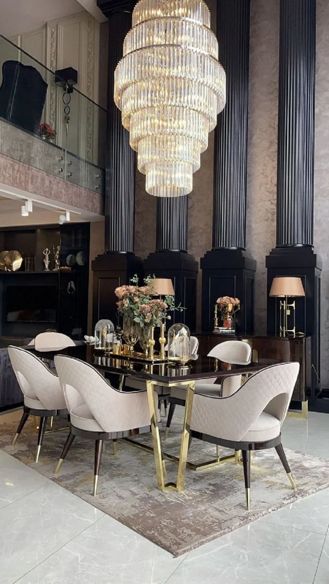 Casa Padrino Luxus Art Deco Esszimmerstuhl 8er Set Beige / Dunkelbraun / Gold 58 x 65 x H. 90 cm - Art Deco Esszimmer & Restaurant Möbel - Luxus Qualität