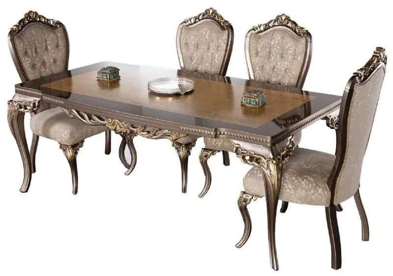 Casa Padrino Luxus Barock Esszimmer Set Braun / Grau / Dunkelgrau / Gold - 1 Barock Esstisch & 6 Barock Esszimmerstühle - Esszimmer Möbel im Barockstil - Edel & Prunkvoll