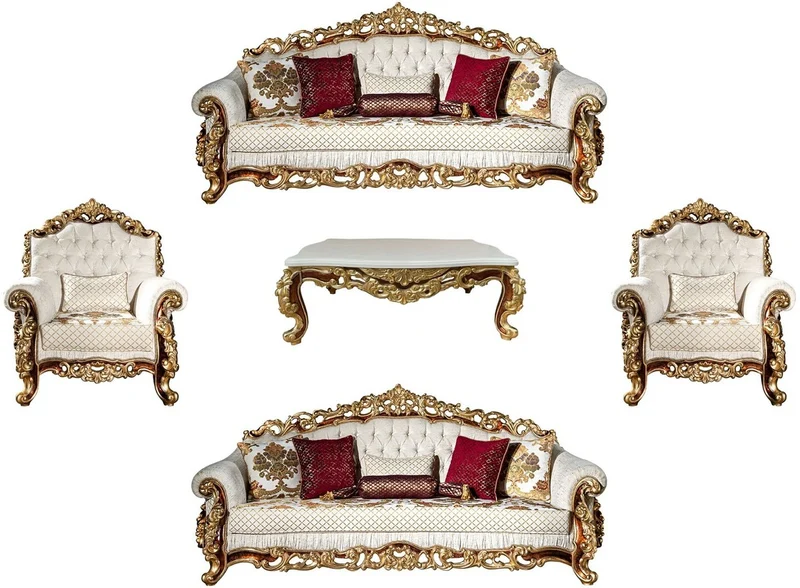 Casa Padrino Luxus Barock Wohnzimmer Set Weiß / Gold / Braun - 2 Sofas & 2 Sessel & 1 Couchtisch - Wohnzimmer Möbel im Barockstil - Edel & Prunkvoll