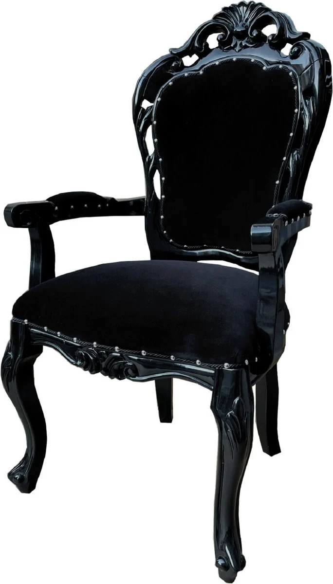 Casa Padrino Barock Esszimmerstuhl Schwarz - Handgefertigter Antik Stil Stuhl mit Armlehnen und edlem Samtstoff - Esszimmer Möbel im Barockstil