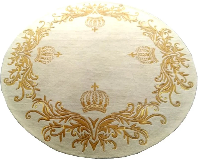 Pompöös by Casa Padrino Luxus Teppich von Harald Glööckler Krone Creme / Gold Ø 260 cm - Runder Barock Design Teppich - Handgewebt aus Wolle