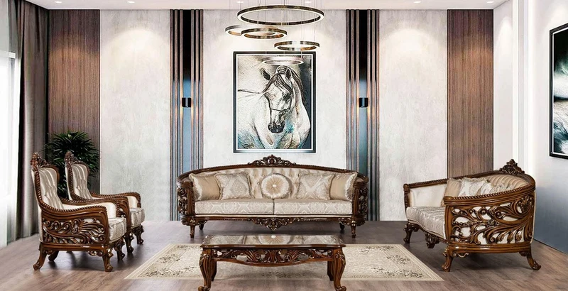 Casa Padrino Luxus Barock Wohnzimmer Set Beige / Braun / Gold - 2 Barock Sofas mit Muster & 2 Barock Sessel mit Muster & 1 Barock Couchtisch - Barock Wohnzimmer Möbel - Edel & Prunkvoll