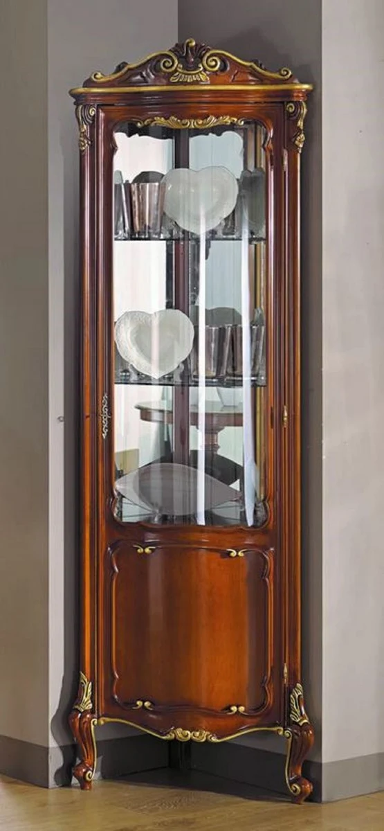 Casa Padrino Luxus Barock Eckvitrine Braun / Gold - Handgefertigter Massivholz Eckschrank mit Tür - Edle Barock Möbel - Luxus Qualität - Made in Italy