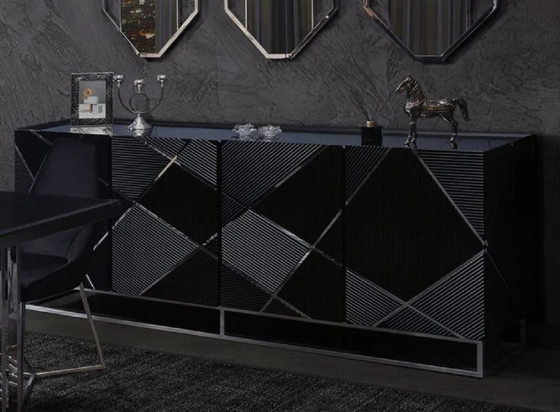 Casa Padrino Luxus Sideboard Schwarz / Silber 220 x 53 x H. 86 cm - Wohnzimmer Sideboard mit 4 Türen - Luxus Möbel