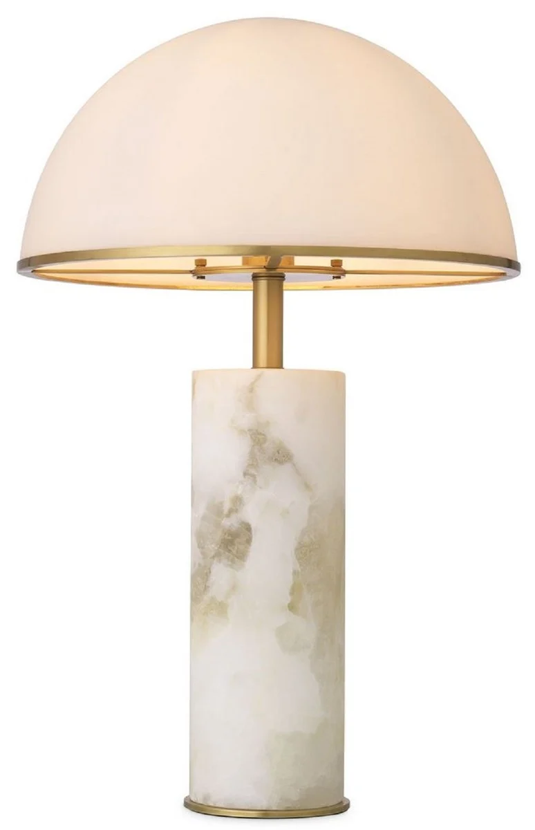 Casa Padrino Luxus Tischleuchte Alabaster / Antik Messingfarben / Weiß Ø 39,5 x H. 65 cm - Moderne Alabaster Schreibtschleuchte mit Glas Lampenschirm - Luxus Kollektion