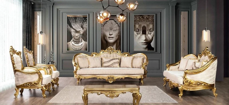 Casa Padrino Luxus Barock Wohnzimmer Set Cremefarben / Gold - 2 Barock Sofas & 2 Barock Sessel & 1 Barock Couchtisch - Barock Wohnzimmer Möbel