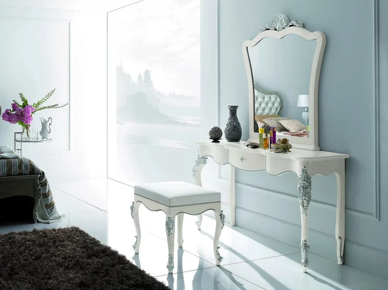 Casa Padrino Luxus Barock Schlafzimmer Set - 1 Barock Schminkkonsole & 1 Barock Wandspiegel & 1 Barock Hocker - Barock Schlafzimmer & Hotel Möbel - Luxus Qualität - Made in Italy