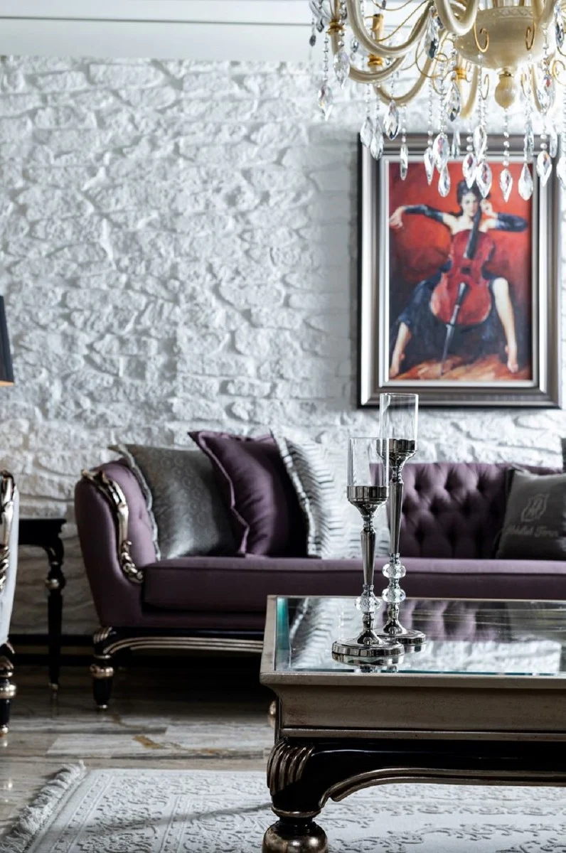Casa Padrino Luxus Barock Sofa Lila / Schwarz / Silber - Handgefertigtes Wohnzimmer Sofa - Barock Wohnzimmer Möbel