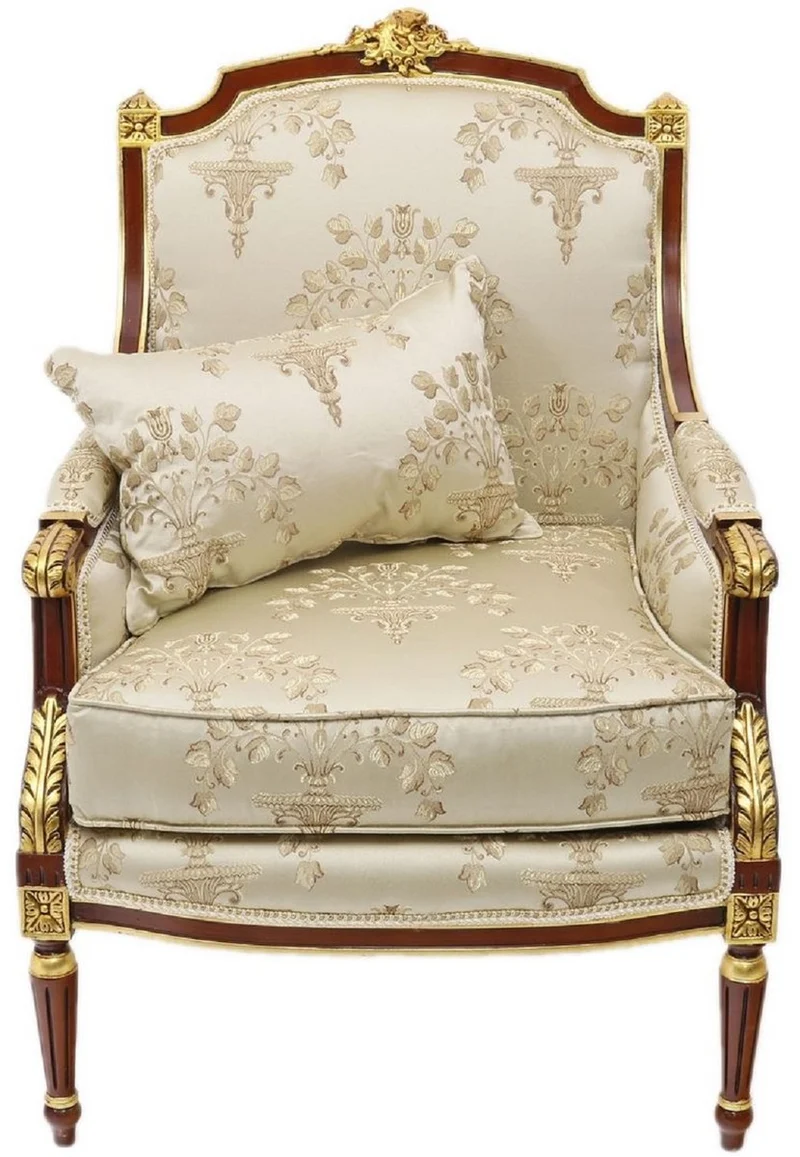 Casa Padrino Barock Lounge Thron Sessel mit elegantem Muster Cremefarben / Dunkelbraun / Gold - Barock Wohnzimmer Möbel