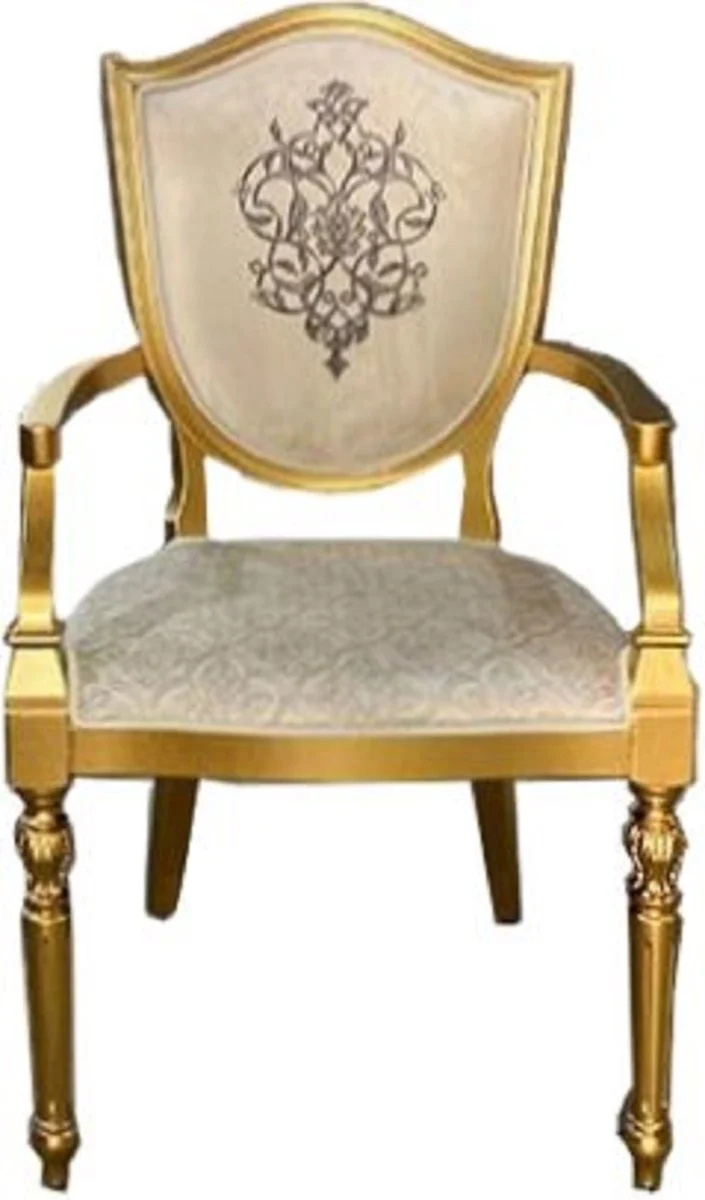 Casa Padrino Art Deco Esszimmerstuhl Cremefarben / Gold - Massivholz Stuhl mit Armlehnen und elegantem Muster - Art Deco Esszimmer Möbel