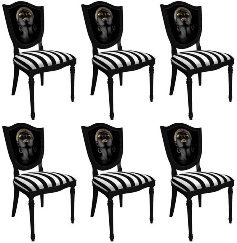 Casa Padrino Art Deco Esszimmerstuhl Set Weiß / Mehrfarbig / Schwarz - 6 Handgefertigte Art Deco Küchen Stühle mit Streifen und Design - Art Deco Esszimmer Möbel