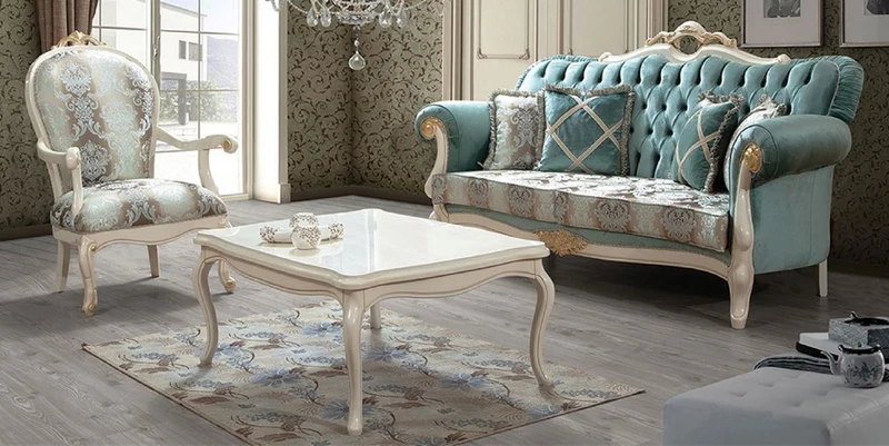 Casa Padrino Luxus Barock Wohnzimmer Set Türkis / Braun / Cremefarben / Gold - 2 Sofas mit Muster & 2 Sessel mit Muster & 1 Couchtisch - Wohnzimmer Möbel im Barockstil - Edel & Prunkvoll