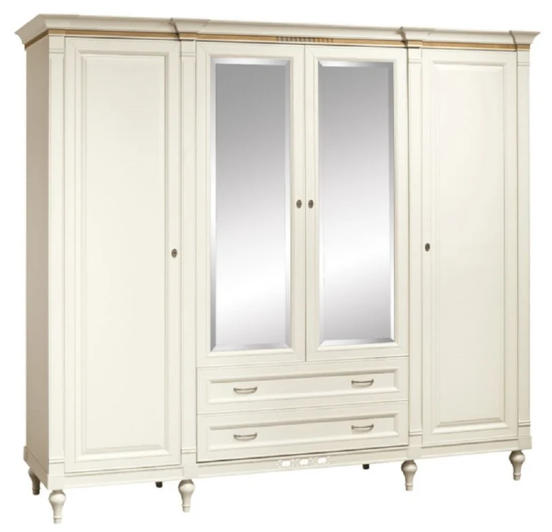 Casa Padrino Luxus Jugendstil Schlafzimmerschrank Cremefarben 238 x 64,7 x H. 210,6 cm - Massivholz Kleiderschrank mit 4 Türen und 2 Schubladen - Barock & Jugendstil Schlafzimmer Möbel