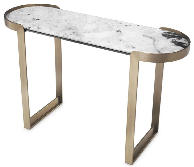 Casa Padrino Luxus Konsole Messingfarben / Weiß 120 x 40 x H. 75,5 cm - Edelstahl Konsolentisch mit Marmorplatte - Luxus Wohnzimmer Möbel