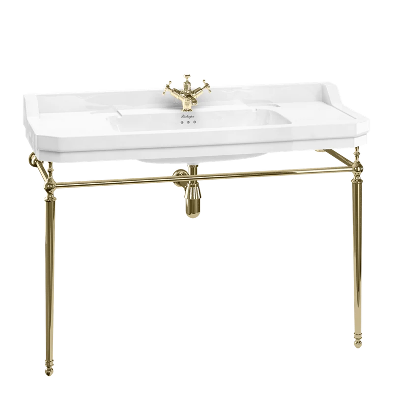 Casa Padrino Luxus Jugendstil Waschtisch Weiß / Gold 121 x 51 x H. 90 cm - Porzellan 1-Loch Stand Waschbecken mit Untergestell - Badezimmer Möbel