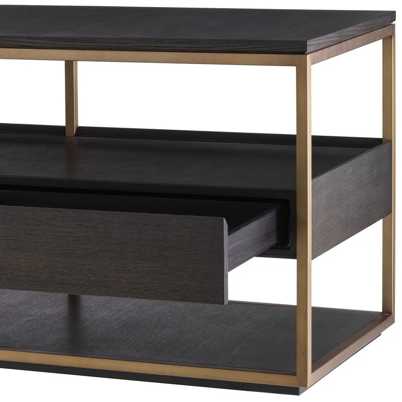 Casa Padrino Luxus TV Schrank Mokka / Messing 220 x 55 x H. 61 cm - Massivholz Sideboard mit 3 Schubladen - Wohnzimmer Möbel - Hotel Möbel - Luxus Kollektion