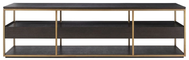 Casa Padrino Luxus TV Schrank Mokka / Messing 220 x 55 x H. 61 cm - Massivholz Sideboard mit 3 Schubladen - Wohnzimmer Möbel - Hotel Möbel - Luxus Kollektion