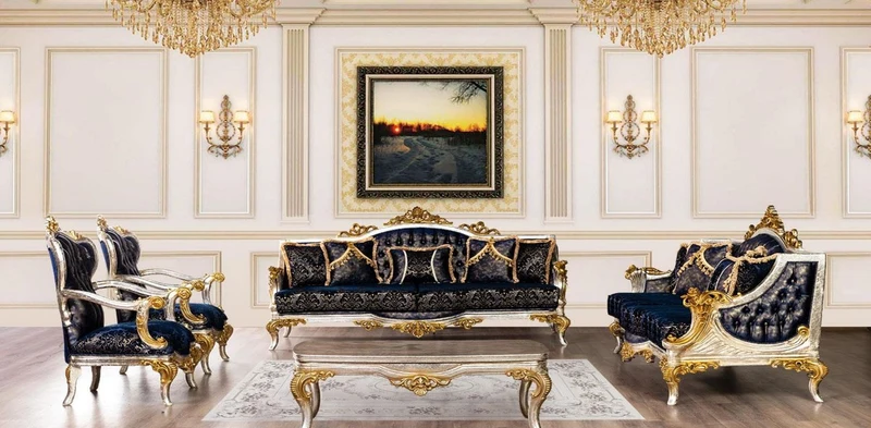 Casa Padrino Luxus Barock Wohnzimmer Set Royalblau / Schwarz / Silber / Gold - 2 Barock Sofas mit Muster & 2 Barock Sessel mit Muster & 1 Barock Couchtisch - Barock Wohnzimmer Möbel