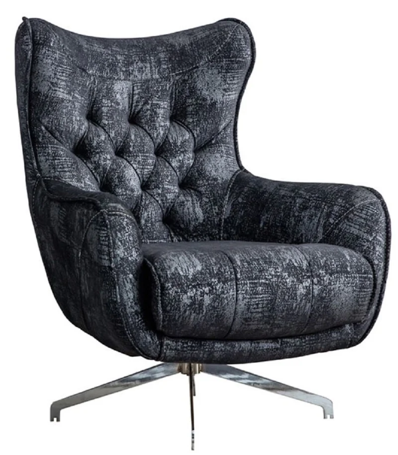 Casa Padrino Luxus Chesterfield Drehsessel Schwarz / Grau / Silber 86 x 82 x H. 100 cm - Wohnzimmer Sessel - Chesterfield Wohnzimmer Möbel