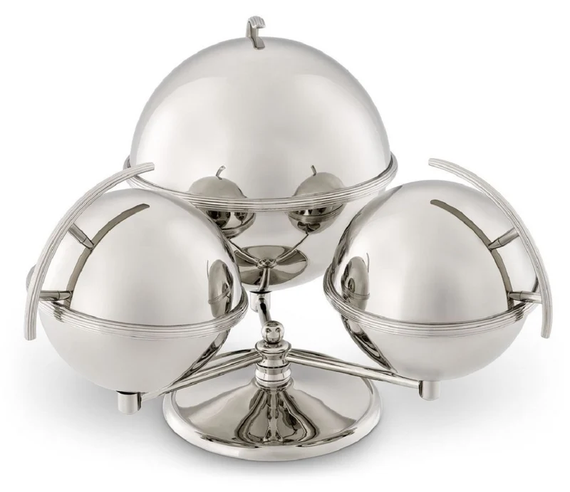 Casa Padrino Luxus Servierschüssel 3er Set mit Ständer Silber 35,5 x 32,5 x H. 23,5 - Messing Schüsseln mit Schiebedeckel - Luxus Hotel & Restaurant Accessoires - Luxus Kollektion