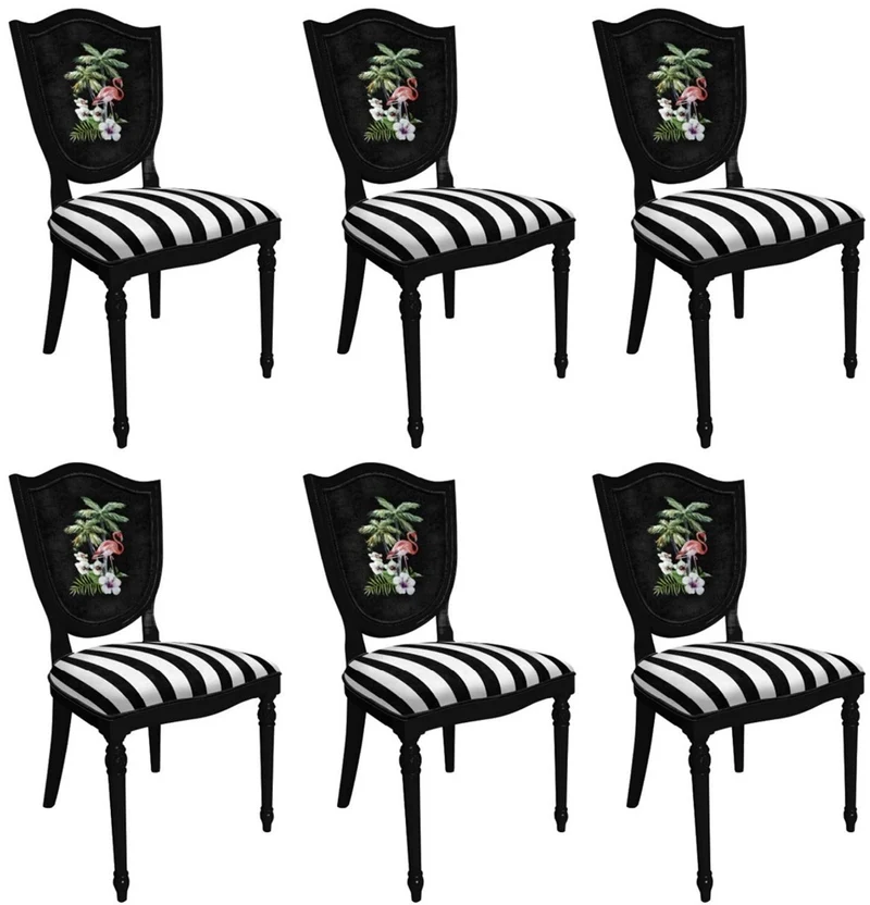Casa Padrino Art Deco Esszimmerstuhl Set Weiß / Mehrfarbig / Schwarz - 6 Handgefertigte Art Deco Küchen Stühle mit Design und Streifen - Art Deco Esszimmer Möbel