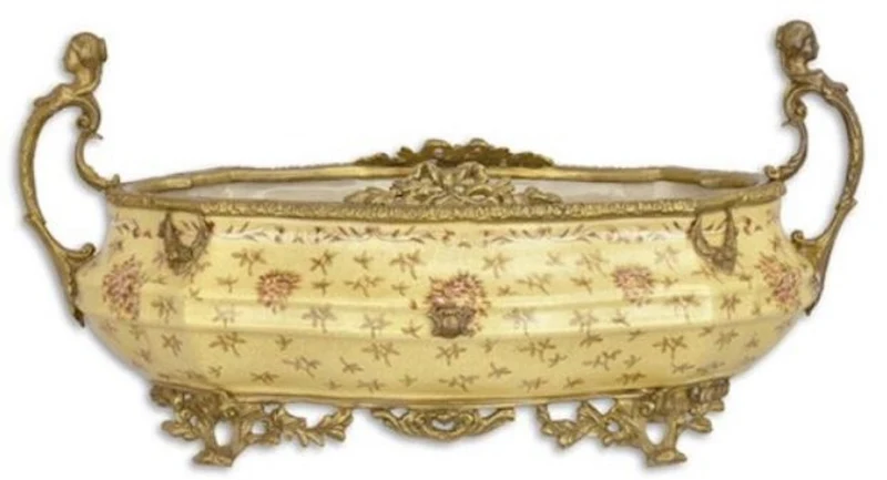 Casa Padrino Jugendstil Blumenschale Beige / Messingfarben 45 x 23,7 x H. 5,3 cm - Porzellan Pflanzenschale - Barock & Jugendstil Deko Accessoires