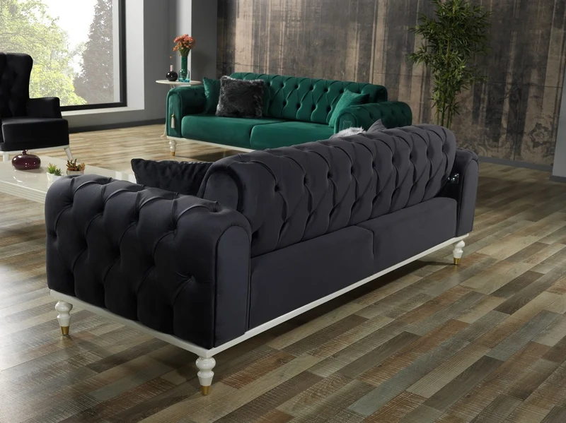 Casa Padrino Luxus Chesterfield Schlafsofa Dunkelgrau / Weiß / Gold 230 x 95 x H. 83 cm - Wohnzimmer Sofa mit 3 Kissen - Luxus Wohnzimmer Möbel