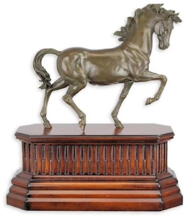 Casa Padrino Luxus Bronze Skulptur Pferd auf Holzsockel Bronze / Braun 40,9 x 19,9 x H. 46,5 cm - Bronzefigur - Dekofigur - Deko Accessoires