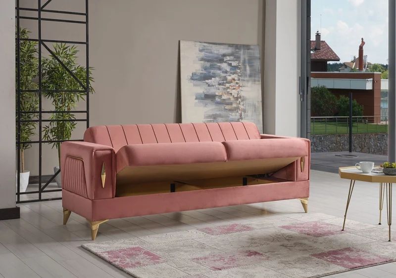 Casa Padrino Luxus Schlafsofa Rosa / Gold 222 x 93 x H. 87 cm - Wohnzimmer Sofa mit 5 Kissen - Luxus Wohnzimmer Möbel