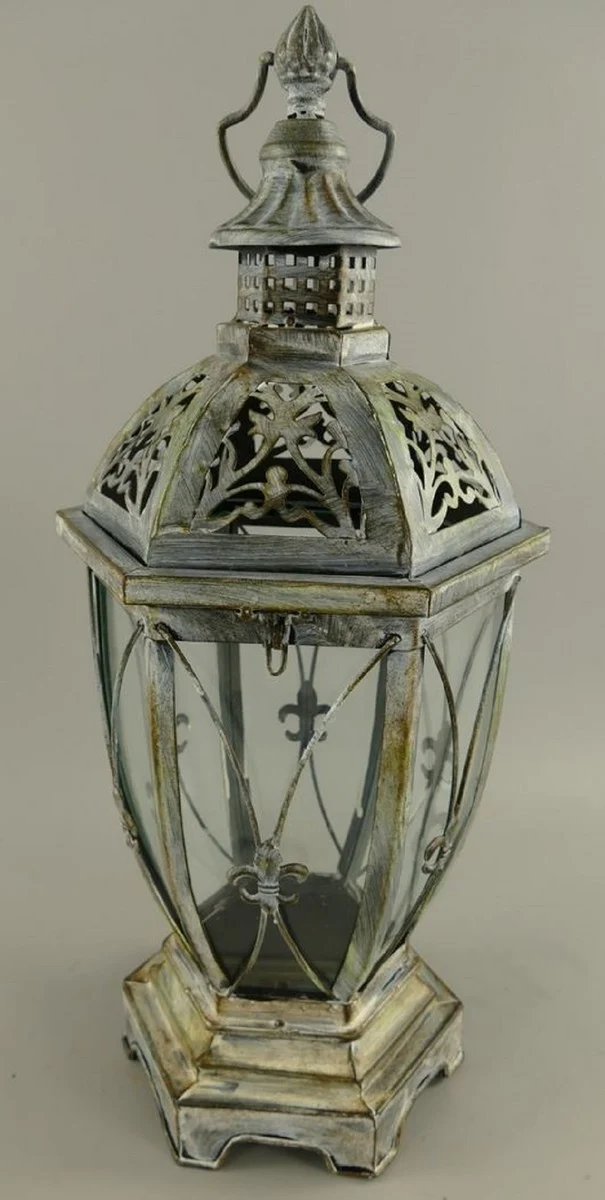 Casa Padrino Jugendstil Laterne Antik Silber 25 x 25 x H. 58 cm - Metall Tischlaterne mit Tragegriff - Barock & Jugendstil Deko Accessoires