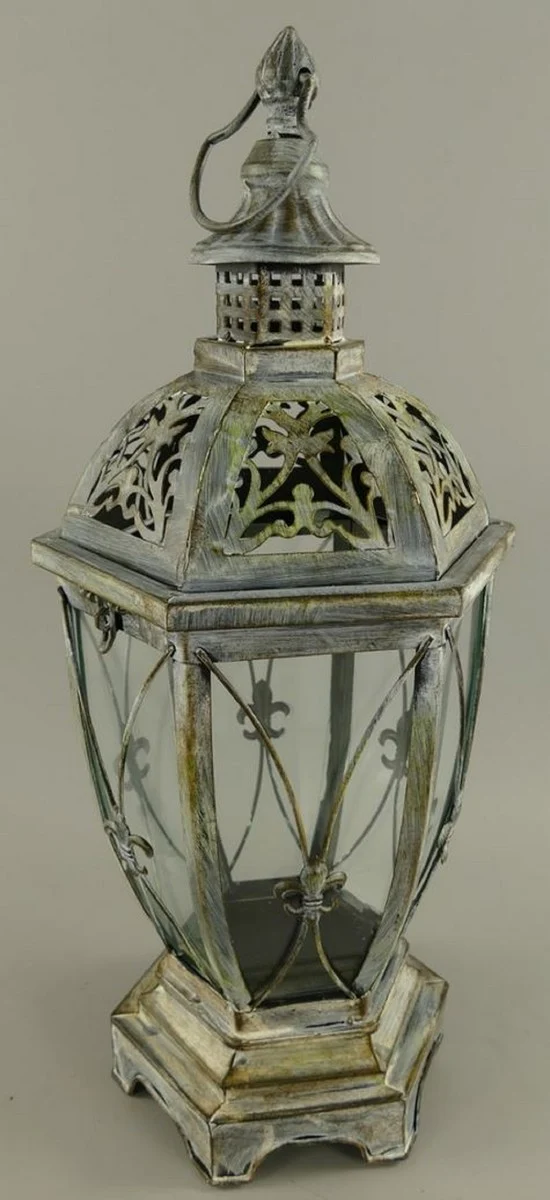 Casa Padrino Jugendstil Laterne Antik Silber 25 x 25 x H. 58 cm - Metall Tischlaterne mit Tragegriff - Barock & Jugendstil Deko Accessoires