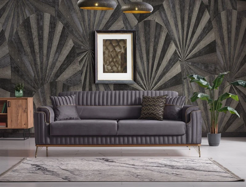 Casa Padrino Luxus Schlafsofa Dunkelgrau / Braun / Gold 228 x 94 x H. 88 cm - Wohnzimmer Sofa mit 3 Kissen - Luxus Wohnzimmer Möbel