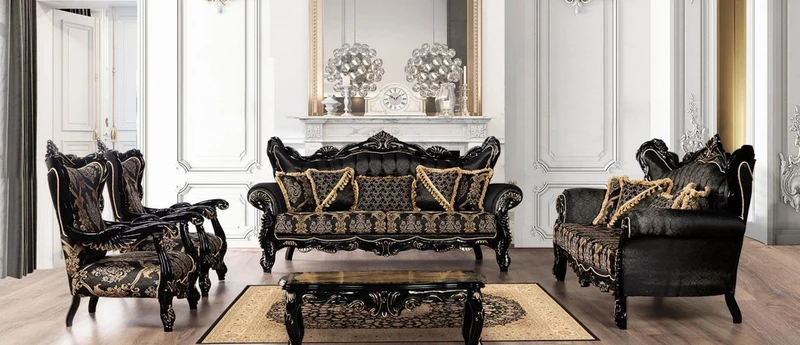 Casa Padrino Luxus Barock Wohnzimmer Set Schwarz / Gold - 2 Sofas mit Muster & 2 Sessel mit Muster & 1 Couchtisch - Prunkvolle Barock Wohnzimmer Möbel