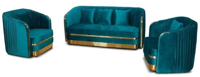 Casa Padrino Art Deco Samt Sofa Grünblau / Gold 180 x 78 x H. 80 cm - Wohnzimmer Sofa - Art Deco Wohnzimmer Möbel