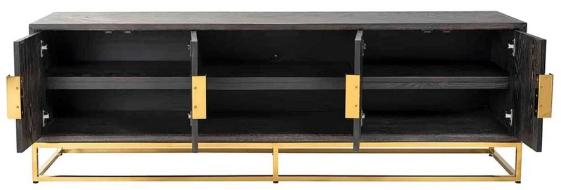 Casa Padrino Luxus TV Schrank Schwarz / Gold 185 x 42,5 x H. 60 cm - Massivholz Sideboard mit 4 Türen - Wohnzimmer Möbel - Hotel Möbel - Luxus Kollektion