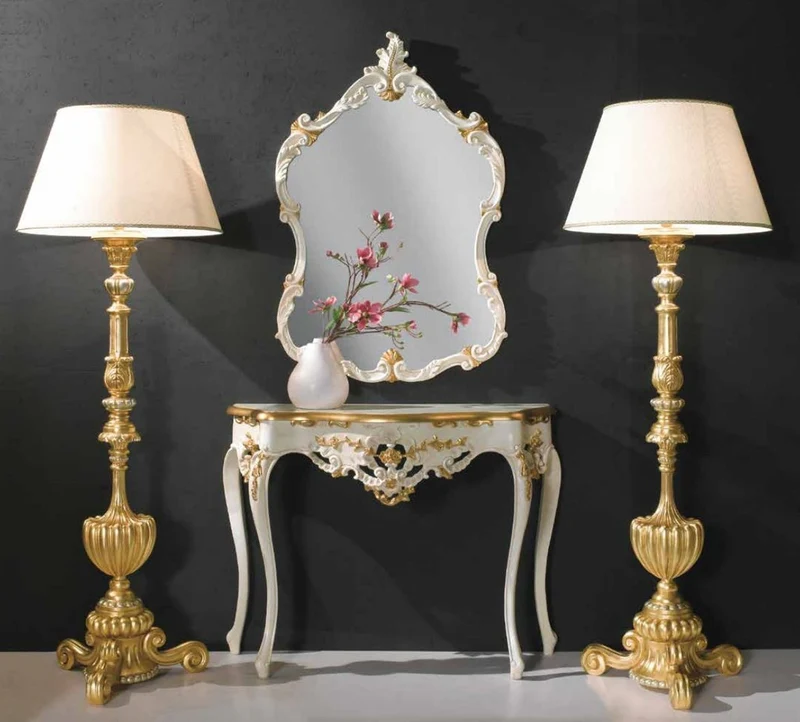 Casa Padrino Luxus Barock Spiegelkonsole Elfenbeinfarben / Gold - Barock Konsole mit Wandspiegel - Prunkvolle Barock Hotel & Schloß Möbel - Luxus Qualität - Made in Italy