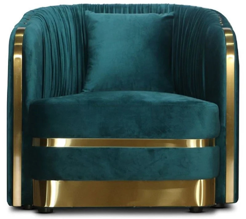 Casa Padrino Art Deco Samt Sessel Grünblau / Gold 80 x 78 x H. 80 cm - Wohnzimmer Sessel - Art Deco Wohnzimmer Möbel