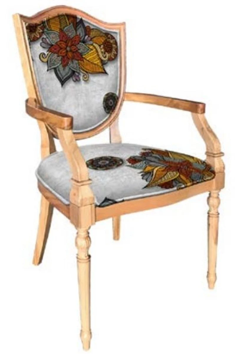 Casa Padrino Art Deco Esszimmerstuhl Silber / Mehrfarbig / Naturfarben - Massivholz Stuhl mit Armlehnen und elegantem Muster - Art Deco Esszimmer Möbel