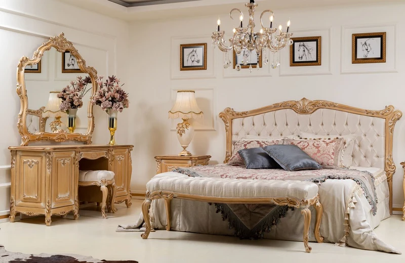 Casa Padrino Luxus Barock Schlafzimmer Schminktisch Set Gold - 1 Barock Schminktisch & 1 Barock Wandspiegel & 1 Barock Hocker - Prunkvolle Barock Schlafzimmer Möbel