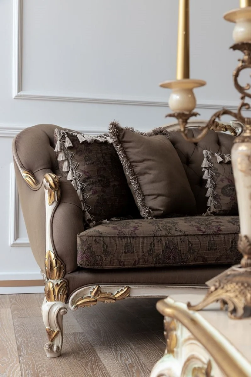 Casa Padrino Luxus Barock Sofa Braun / Cremefarben / Weiß / Gold - Handgefertigtes Wohnzimmer Sofa - Barock Wohnzimmer Möbel